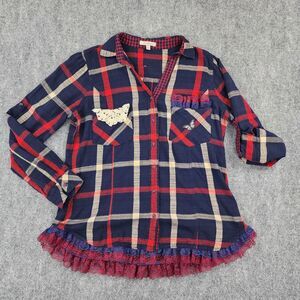 Skies are Blue Top Womens Large Plaid Long Sleeve Button Up Cottage Upcycled